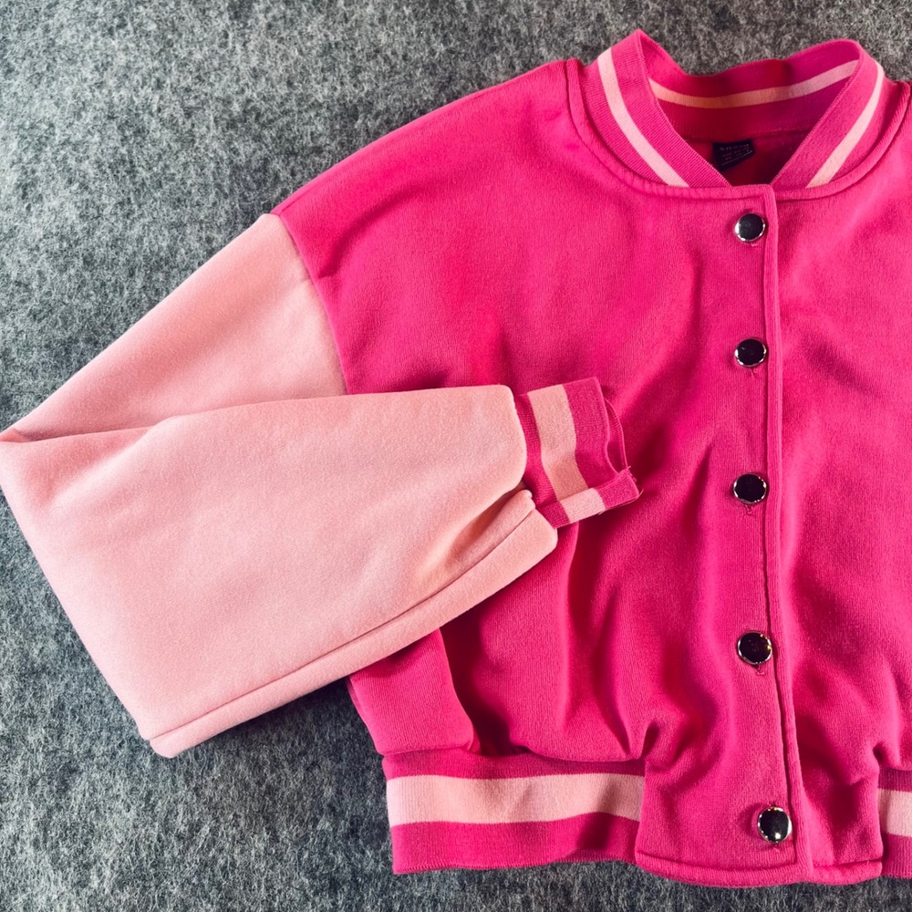 Pink Cropped Varsity Bomber Jacket Womens XS Colorblock Snap Front Barbie Y2K